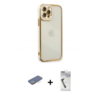 MARSİLYAN™- iPhone 12 Pro Kılıf Çekirdek Klasik Serisi - Şeffaf Uv Polymer Nano Ekran Koruyucu + Renkli Kamera Lens Koruma Cam - YL