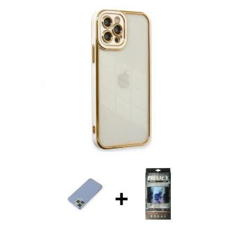MARSİLYAN™- iPhone 12 Pro Kılıf Çekirdek Klasik Serisi - Siyah 34D Hayalet Izgaralı Cam + Metal Kamera Lens Koruma Cam - KUYL