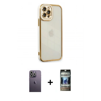 MARSİLYAN™- iPhone 12 Pro Kılıf Çekirdek Klasik Serisi - Siyah 34D Hayalet Izgaralı Cam + Neon Fosforlu Kamera Lens - BZ