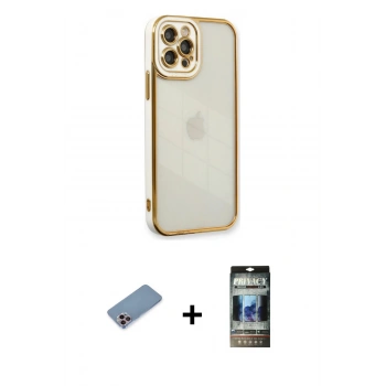 MARSİLYAN™- iPhone 12 Pro Kılıf Çekirdek Klasik Serisi - Siyah 34D Hayalet Izgaralı Cam + Shine Kamera Lens Koruma Cam - PE