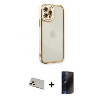 MARSİLYAN™- iPhone 12 Pro Kılıf Çekirdek Klasik Serisi - Siyah 3D Antistatik Hayalet Cam Ekran Koruyucu + Rainbow Kamera Lens Koruma Cam - GD
