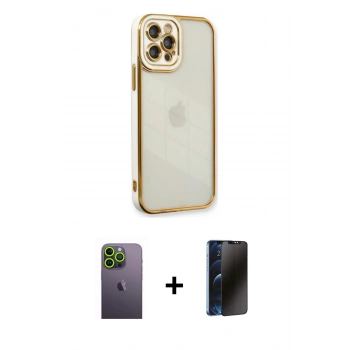 MARSİLYAN™- iPhone 12 Pro Kılıf Çekirdek Klasik Serisi - Siyah 3D Antistatik Hayalet Cam Ekran Koruyucu + Neon Fosforlu Kamera Lens - YL