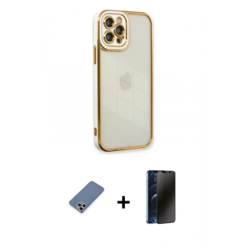 MARSİLYAN™- iPhone 12 Pro Kılıf Çekirdek Klasik Serisi - Siyah 3D Antistatik Hayalet Cam Ekran Koruyucu + Metal Kamera Lens Koruma Cam - AKYL