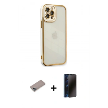 MARSİLYAN™- iPhone 12 Pro Kılıf Çekirdek Klasik Serisi - Siyah 3D Antistatik Hayalet Cam Ekran Koruyucu + Shine Kamera Lens Koruma Cam - SABE