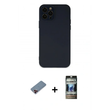 MARSİLYAN™- iPhone 12 Pro Kılıf Çekirdek Modern Serisi - Siyah 34D Hayalet Izgaralı Cam + Metal Kamera Lens Koruma Cam - KI
