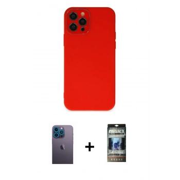 MARSİLYAN™- iPhone 12 Pro Kılıf Çekirdek Modern Serisi - Siyah 34D Hayalet Izgaralı Cam + Neon Fosforlu Kamera Lens - MI
