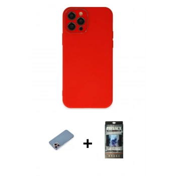 MARSİLYAN™- iPhone 12 Pro Kılıf Çekirdek Modern Serisi - Siyah 34D Hayalet Izgaralı Cam + Shine Kamera Lens Koruma Cam - PE