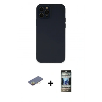 MARSİLYAN™- iPhone 12 Pro Kılıf Çekirdek Modern Serisi - Siyah 34D Hayalet Izgaralı Cam + Renkli Kamera Lens Koruma Cam - SI