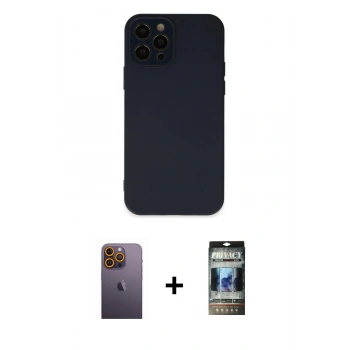 MARSİLYAN™- iPhone 12 Pro Kılıf Çekirdek Modern Serisi - Siyah 34D Hayalet Izgaralı Cam + Neon Fosforlu Kamera Lens - SI
