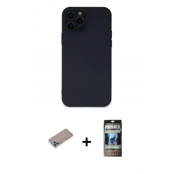 MARSİLYAN™- iPhone 12 Pro Kılıf Çekirdek Modern Serisi - Siyah 34D Hayalet Izgaralı Cam + Shine Kamera Lens Koruma Cam - SABE