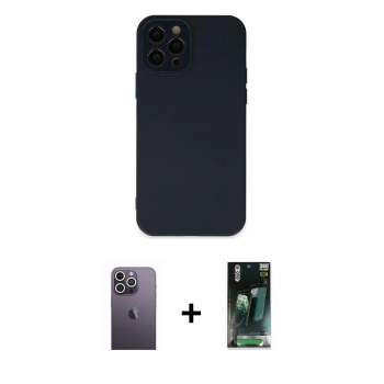 MARSİLYAN™- iPhone 12 Pro Kılıf Çekirdek Modern Serisi - Siyah 360 Mat Full Body Arka Koruyucu + Neon Fosforlu Kamera Lens - BZ