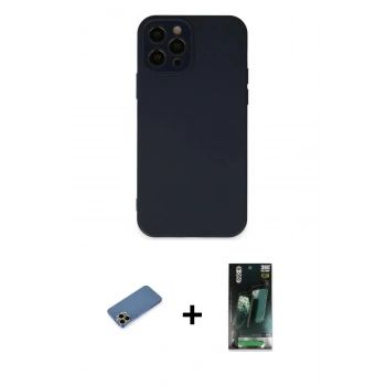 MARSİLYAN™- iPhone 12 Pro Kılıf Çekirdek Modern Serisi - Siyah 360 Mat Full Body Arka Koruyucu + Shine Kamera Lens Koruma Cam - GD