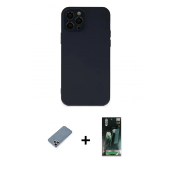 MARSİLYAN™- iPhone 12 Pro Kılıf Çekirdek Modern Serisi - Siyah 360 Mat Full Body Arka Koruyucu + Metal Kamera Lens Koruma Cam - GS