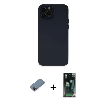 MARSİLYAN™- iPhone 12 Pro Kılıf Çekirdek Modern Serisi - Siyah 360 Mat Full Body Arka Koruyucu + Shine Kamera Lens Koruma Cam - SH