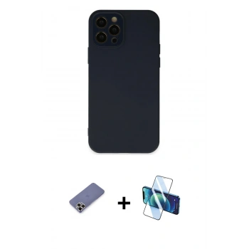 MARSİLYAN™- iPhone 12 Pro Kılıf Çekirdek Modern Serisi - Siyah 3D Antistatik Cam Ekran Koruyucu + Metal Kamera Lens Koruma Cam - GD