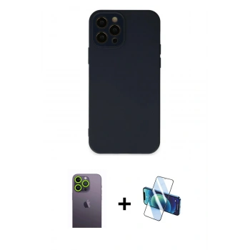 MARSİLYAN™- iPhone 12 Pro Kılıf Çekirdek Modern Serisi - Siyah 3D Antistatik Cam Ekran Koruyucu + Neon Fosforlu Kamera Lens - YL