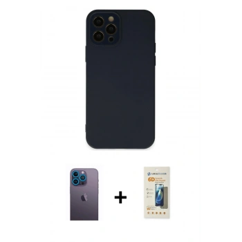 MARSİLYAN™- iPhone 12 Pro Kılıf Çekirdek Modern Serisi - Siyah 6D Mat Seramik Hayalet Nano Ekran Koruyucu + Neon Fosforlu Kamera Lens - MI
