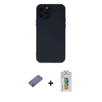 MARSİLYAN™- iPhone 12 Pro Kılıf Çekirdek Modern Serisi - Siyah Polymer Nano Ekran Koruyucu + Metal Kamera Lens Koruma Cam - GD