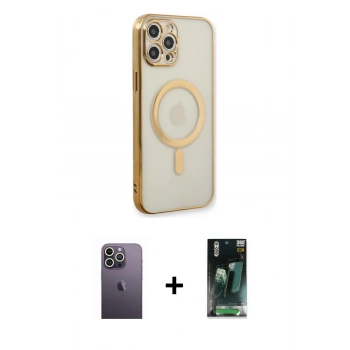 MARSİLYAN™- iPhone 12 Pro Kılıf Doruk Minimal - Şeffaf 360 Full Body Arka Koruyucu + Neon Fosforlu Kamera Lens - BZ