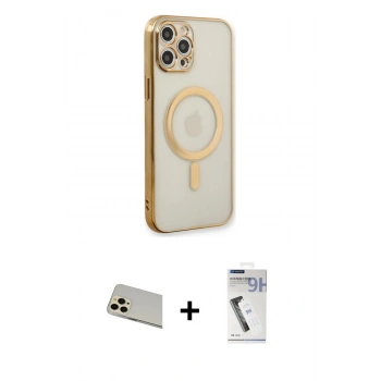 MARSİLYAN™- iPhone 12 Pro Kılıf Doruk Minimal - Şeffaf Uv Polymer Nano Ekran Koruyucu + Rainbow Kamera Lens Koruma Cam - GD