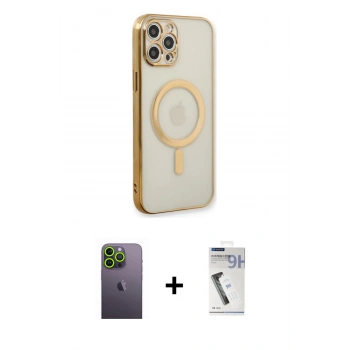 MARSİLYAN™- iPhone 12 Pro Kılıf Doruk Minimal - Şeffaf Uv Polymer Nano Ekran Koruyucu + Neon Fosforlu Kamera Lens - YL