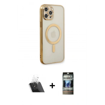 MARSİLYAN™- iPhone 12 Pro Kılıf Doruk Minimal - Siyah 34D Hayalet Izgaralı Cam + Kamera Lens Koruma Cam - SF