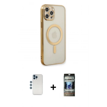 MARSİLYAN™- iPhone 12 Pro Kılıf Doruk Minimal - Siyah 34D Hayalet Izgaralı Cam + Shine Kamera Lens - MI