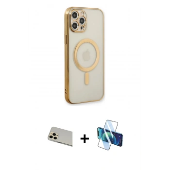 MARSİLYAN™- iPhone 12 Pro Kılıf Doruk Minimal - Siyah 3D Antistatik Cam Ekran Koruyucu + Rainbow Kamera Lens Koruma Cam - GD
