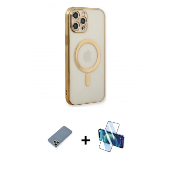 MARSİLYAN™- iPhone 12 Pro Kılıf Doruk Minimal - Siyah 3D Antistatik Seramik Nano Ekran Koruyucu + Metal Kamera Lens Koruma Cam - GS