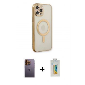 MARSİLYAN™- iPhone 12 Pro Kılıf Doruk Minimal - Siyah Polymer Nano Ekran Koruyucu + Neon Fosforlu Kamera Lens - SI