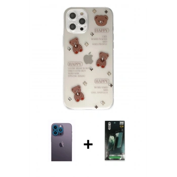 MARSİLYAN™- iPhone 12 Pro Kılıf Eksen Asil Prime - Şeffaf 360 Full Body Arka Koruyucu + Neon Fosforlu Kamera Lens - MI