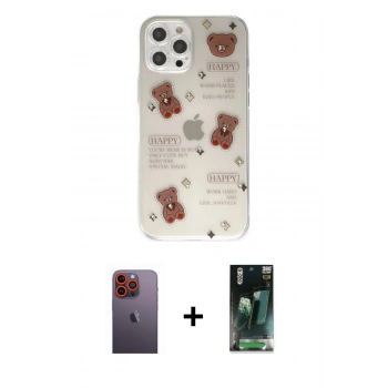 MARSİLYAN™- iPhone 12 Pro Kılıf Eksen Asil Prime - Şeffaf 360 Full Body Arka Koruyucu + Neon Fosforlu Kamera Lens - TU