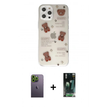MARSİLYAN™- iPhone 12 Pro Kılıf Eksen Asil Prime - Şeffaf 360 Full Body Arka Koruyucu + Neon Fosforlu Kamera Lens - YL