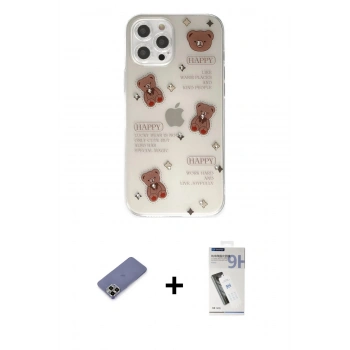 MARSİLYAN™- iPhone 12 Pro Kılıf Eksen Asil Prime - Şeffaf Uv Polymer Nano Ekran Koruyucu + Metal Kamera Lens Koruma Cam - GD