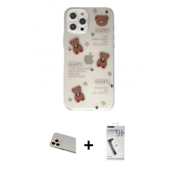 MARSİLYAN™- iPhone 12 Pro Kılıf Eksen Asil Prime - Şeffaf Uv Polymer Nano Ekran Koruyucu + Rainbow Kamera Lens Koruma Cam - GD