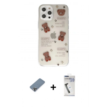 MARSİLYAN™- iPhone 12 Pro Kılıf Eksen Asil Prime - Şeffaf Uv Polymer Nano Ekran Koruyucu + Metal Kamera Lens Koruma Cam - GS