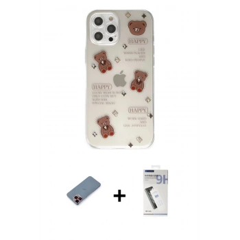 MARSİLYAN™- iPhone 12 Pro Kılıf Eksen Asil Prime - Şeffaf Uv Polymer Nano Ekran Koruyucu + Metal Kamera Lens Koruma Cam - KI