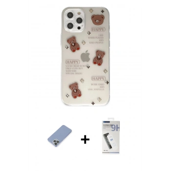 MARSİLYAN™- iPhone 12 Pro Kılıf Eksen Asil Prime - Şeffaf Uv Polymer Nano Ekran Koruyucu + Metal Kamera Lens Koruma Cam - KUYL