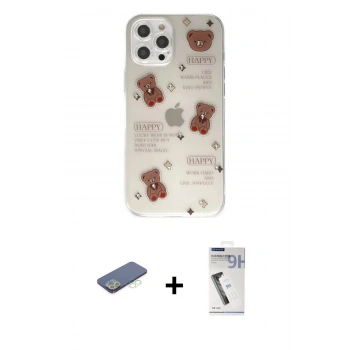 MARSİLYAN™- iPhone 12 Pro Kılıf Eksen Asil Prime - Şeffaf Uv Polymer Nano Ekran Koruyucu + Renkli Kamera Lens Koruma Cam - YL
