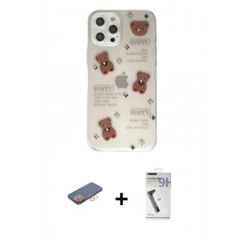 MARSİLYAN™- iPhone 12 Pro Kılıf Eksen Asil Prime - Şeffaf Uv Polymer Nano Ekran Koruyucu + Renkli Kamera Lens Koruma Cam - TU