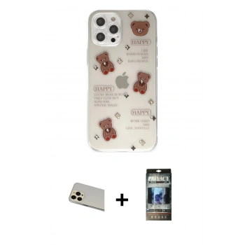 MARSİLYAN™- iPhone 12 Pro Kılıf Eksen Asil Prime - Siyah 34D Hayalet Izgaralı Cam + Rainbow Kamera Lens Koruma Cam - GD