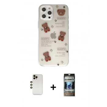MARSİLYAN™- iPhone 12 Pro Kılıf Eksen Asil Prime - Siyah 34D Hayalet Izgaralı Cam + Shine Kamera Lens - GD