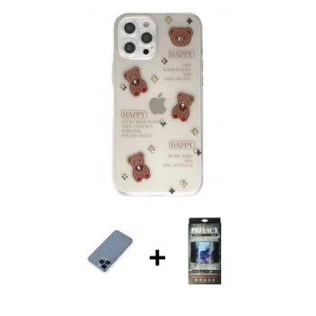MARSİLYAN™- iPhone 12 Pro Kılıf Eksen Asil Prime - Siyah 34D Hayalet Izgaralı Cam + Metal Kamera Lens Koruma Cam - MI