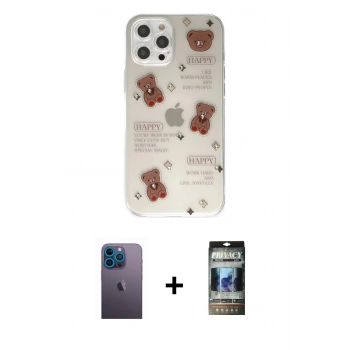 MARSİLYAN™- iPhone 12 Pro Kılıf Eksen Asil Prime - Siyah 34D Hayalet Izgaralı Cam + Neon Fosforlu Kamera Lens - MI