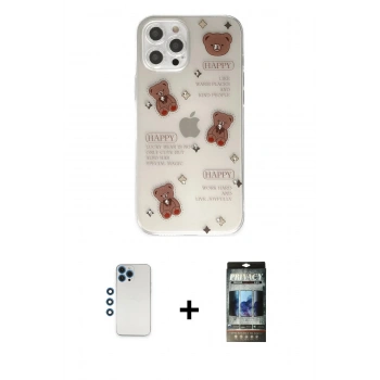 MARSİLYAN™- iPhone 12 Pro Kılıf Eksen Asil Prime - Siyah 34D Hayalet Izgaralı Cam + Shine Kamera Lens - MI
