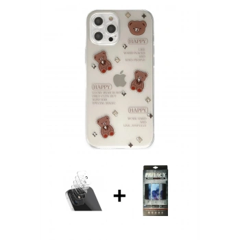 MARSİLYAN™- iPhone 12 Pro Kılıf Eksen Asil Prime - Siyah 34D Hayalet Izgaralı Cam + Kamera Lens Koruma Cam - SF