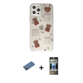 MARSİLYAN™- iPhone 12 Pro Kılıf Eksen Asil Prime - Siyah 34D Hayalet Izgaralı Cam + Shine Kamera Lens Koruma Cam - GD