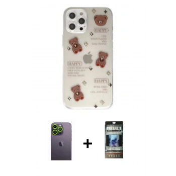MARSİLYAN™- iPhone 12 Pro Kılıf Eksen Asil Prime - Siyah 34D Hayalet Izgaralı Cam + Neon Fosforlu Kamera Lens - YL