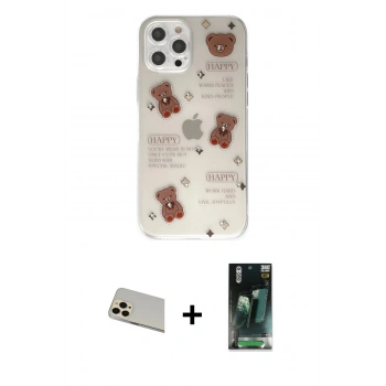 MARSİLYAN™- iPhone 12 Pro Kılıf Eksen Asil Prime - Siyah 360 Mat Full Body Arka Koruyucu + Rainbow Kamera Lens Koruma Cam - GD
