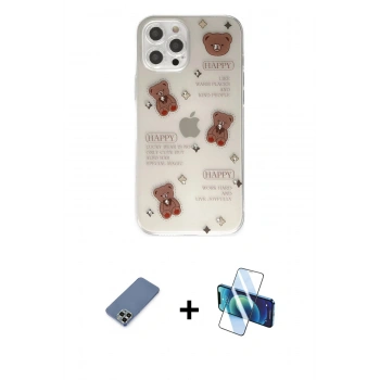 MARSİLYAN™- iPhone 12 Pro Kılıf Eksen Asil Prime - Siyah 3D Antistatik Cam Ekran Koruyucu + Metal Kamera Lens Koruma Cam - AKYL